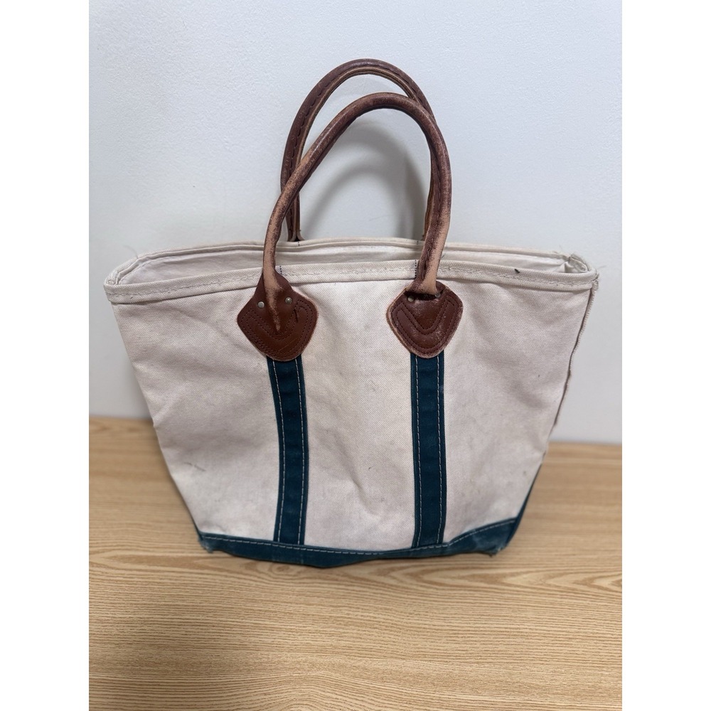 Vintage 1980 LL Bean boat and tote Canvas Leather Handles Green Trim Freeport ME